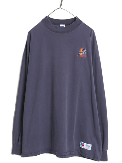 90s USA製 ラッセル モックネック カレッジ 刺繍 長袖 Tシャツ メンズ XL / 古着 オールド ロンT ヘビーウェイト コットン 大きいサイズ 紺