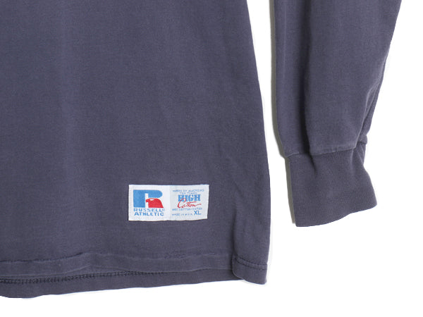 90s USA製 ラッセル モックネック カレッジ 刺繍 長袖 Tシャツ メンズ XL / 古着 オールド ロンT ヘビーウェイト コットン 大きいサイズ 紺