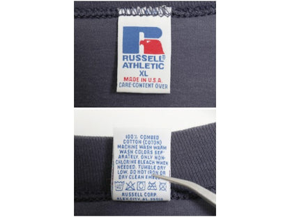 90s USA製 ラッセル モックネック カレッジ 刺繍 長袖 Tシャツ メンズ XL / 古着 オールド ロンT ヘビーウェイト コットン 大きいサイズ 紺