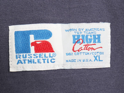 90s USA製 ラッセル モックネック カレッジ 刺繍 長袖 Tシャツ メンズ XL / 古着 オールド ロンT ヘビーウェイト コットン 大きいサイズ 紺