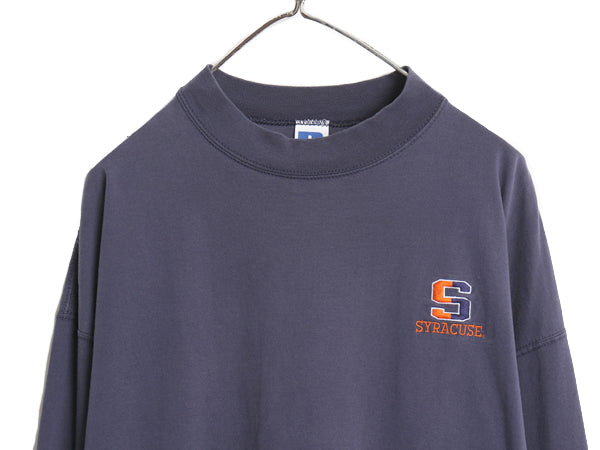 90s USA製 ラッセル モックネック カレッジ 刺繍 長袖 Tシャツ メンズ XL / 古着 オールド ロンT ヘビーウェイト コットン 大きいサイズ 紺