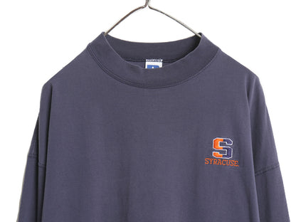 90s USA製 ラッセル モックネック カレッジ 刺繍 長袖 Tシャツ メンズ XL / 古着 オールド ロンT ヘビーウェイト コットン 大きいサイズ 紺
