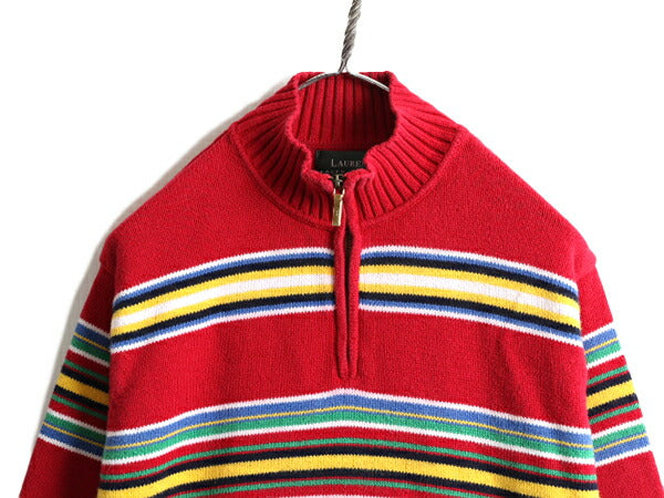 90s ■ LAUREN ラルフローレン ボーダー ハイネック コットン ニット セーター ( レディース L 程) 古着 90年代 プルオーバー ハーフジップ
