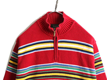 90s ■ LAUREN ラルフローレン ボーダー ハイネック コットン ニット セーター ( レディース L 程) 古着 90年代 プルオーバー ハーフジップ