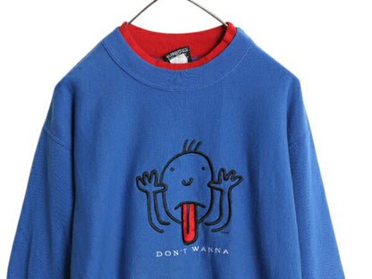 90s USA製 アート イラスト 刺繍 スウェット メンズ レディース L / オールド 当時物 キャラクター メッセージ 裏起毛 ダブルネック ブルー