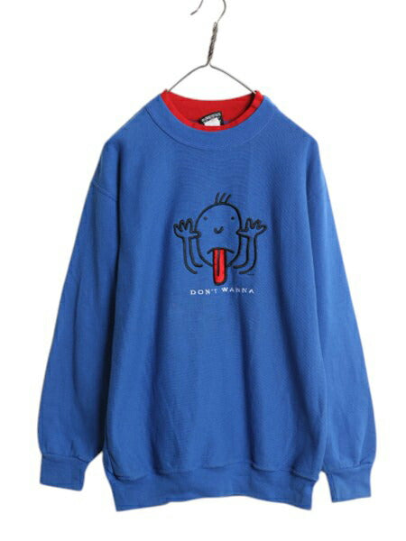 90s USA製 アート イラスト 刺繍 スウェット メンズ レディース L / オールド 当時物 キャラクター メッセージ 裏起毛 ダブルネック ブルー