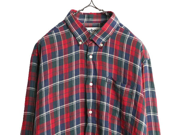 バブアー 100% リネン チェック 長袖 ボタンダウン シャツ メンズ XL 古着 Barbour 長袖シャツ BD ワンポイント ポケット付き 大きいサイズ