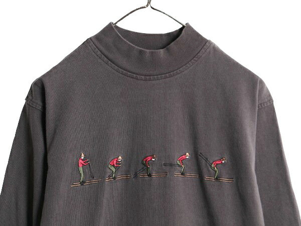 80s バナナリパブリック スキー 刺繍 モックネック 長袖 Tシャツ メンズ XS ヴィンテージ BANANA REPUBLIC Safari&Travel ロンT ハイネック