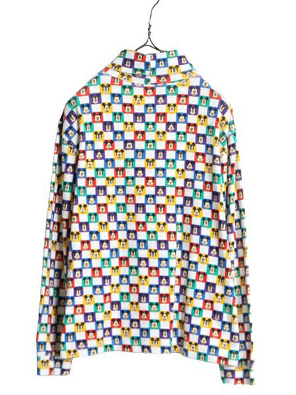 90s ディズニー オフィシャル ミッキー 総柄 タートルネック 長袖 Tシャツ レディース L 古着 オールド キャラクター スムース ストレッチ