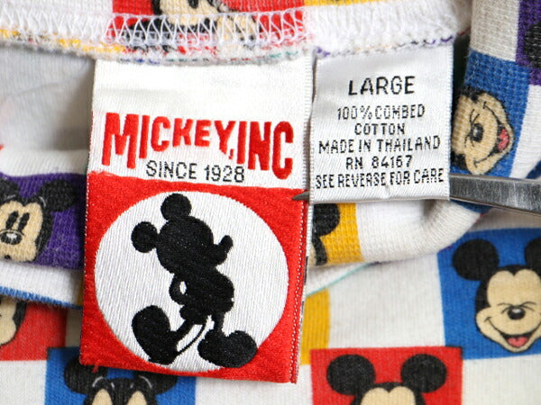 90s ディズニー オフィシャル ミッキー 総柄 タートルネック 長袖 Tシャツ レディース L 古着 オールド キャラクター スムース ストレッチ