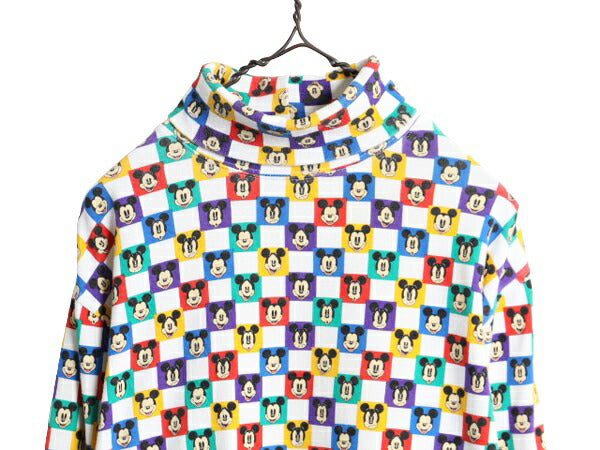 90s ディズニー オフィシャル ミッキー 総柄 タートルネック 長袖 Tシャツ レディース L 古着 オールド キャラクター スムース ストレッチ