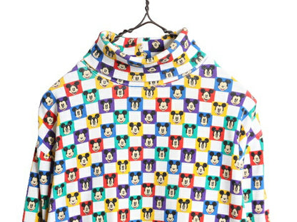 90s ディズニー オフィシャル ミッキー 総柄 タートルネック 長袖 Tシャツ レディース L 古着 オールド キャラクター スムース ストレッチ