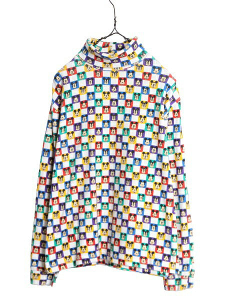 90s ディズニー オフィシャル ミッキー 総柄 タートルネック 長袖 Tシャツ レディース L 古着 オールド キャラクター スムース ストレッチ