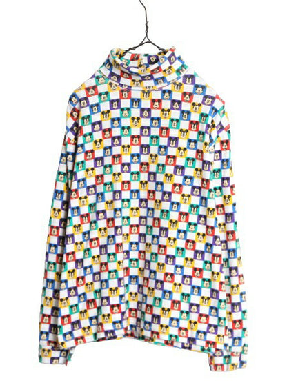 90s ディズニー オフィシャル ミッキー 総柄 タートルネック 長袖 Tシャツ レディース L 古着 オールド キャラクター スムース ストレッチ