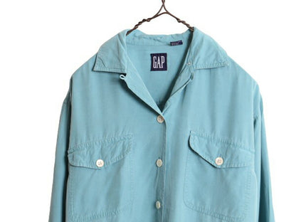 90s OLD GAP 100% レーヨン オープンカラー 長袖 シャツ レディース S 古着 オールド ギャップ ループ留め 開襟 無地 ポケット付き 紺タグ