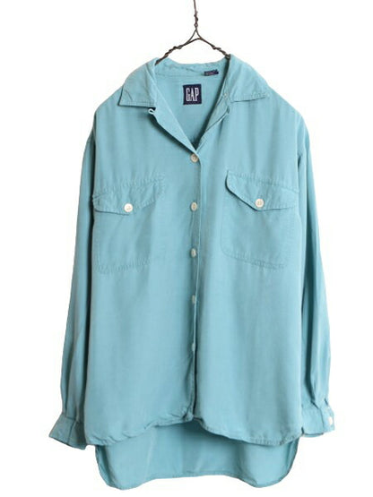 90s OLD GAP 100% レーヨン オープンカラー 長袖 シャツ レディース S 古着 オールド ギャップ ループ留め 開襟 無地 ポケット付き 紺タグ