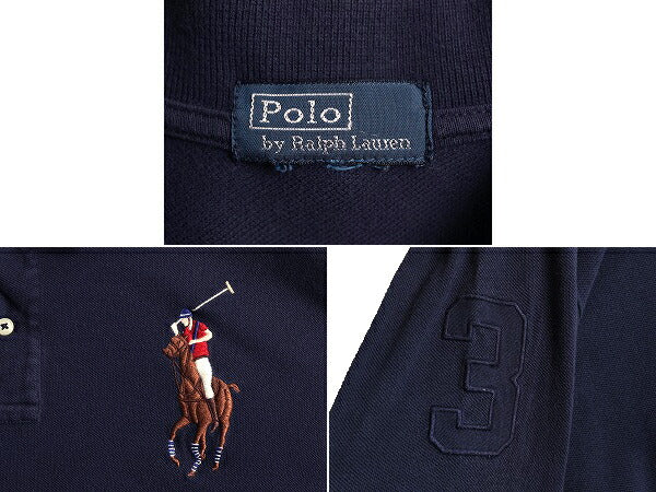 ボーイズ XL メンズ S 程 ビッグポニー ■ ポロ ラルフローレン 鹿の子 長袖 ポロシャツ 古着 POLO 長袖シャツ ポニー刺繍 ナンバリング 紺