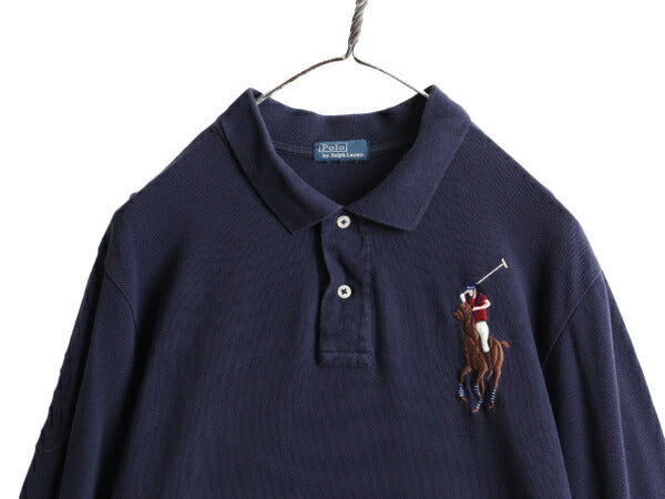 ボーイズ XL メンズ S 程 ビッグポニー ■ ポロ ラルフローレン 鹿の子 長袖 ポロシャツ 古着 POLO 長袖シャツ ポニー刺繍 ナンバリング 紺