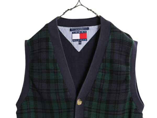 90s トミーヒルフィガー ブラックウォッチ チェック ニット ベスト メンズ レディース S オールド TOMMY HILFIGER コットン 重ね着 前開き