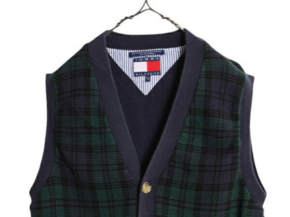 90s トミーヒルフィガー ブラックウォッチ チェック ニット ベスト メンズ レディース S オールド TOMMY HILFIGER コットン 重ね着 前開き