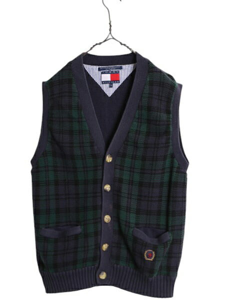 90s トミーヒルフィガー ブラックウォッチ チェック ニット ベスト メンズ レディース S オールド TOMMY HILFIGER コットン 重ね着 前開き