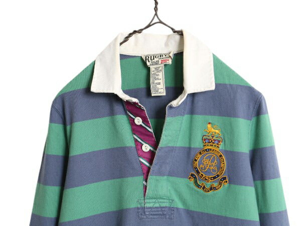 ラグビー ラルフローレン ボーダー 長袖 シャツ ワンピース レディース M 古着 ポロ RUGBY ラガーシャツ ミニ丈 ひざ上丈 ワンピ ツートン