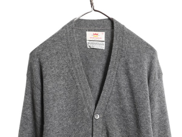 70s ラム ウール ニット カーディガン メンズ L 古着 ヴィンテージ セーター 無地 ポケット付き 羽織り 前開き 重ね着 WTG GRANT CREST 灰