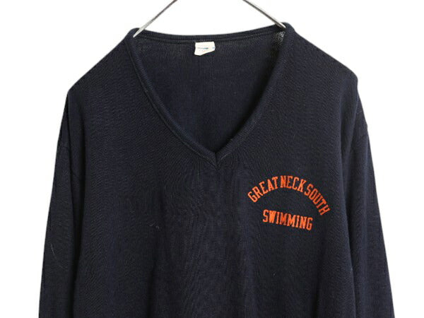 70s USA製 チャンピオン カレッジ プリント Vネック ニット セーター メンズ L 古着 ヴィンテージ バータグ ストレッチ カットソー 薄手 紺