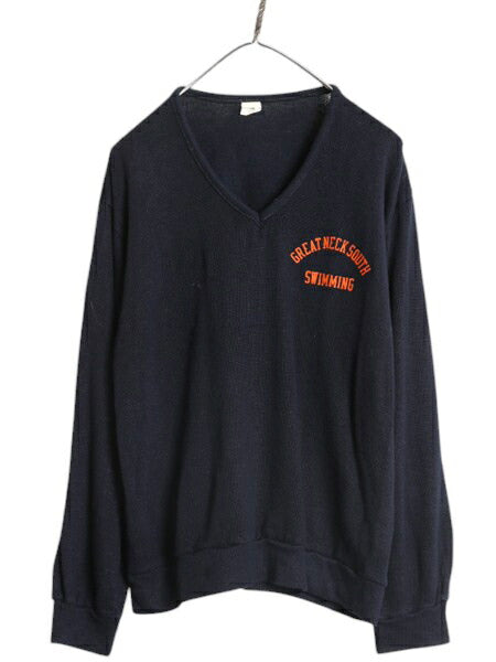 70s USA製 チャンピオン カレッジ プリント Vネック ニット セーター メンズ L 古着 ヴィンテージ バータグ ストレッチ カットソー 薄手 紺