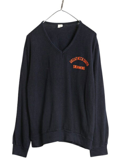 70s USA製 チャンピオン カレッジ プリント Vネック ニット セーター メンズ L 古着 ヴィンテージ バータグ ストレッチ カットソー 薄手 紺