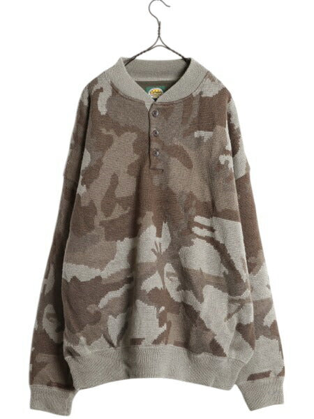 90s カベラス ヘンリーネック 迷彩 ニット セーター メンズ XL 古着 オールド ウール セーター ジャケット ライナー付き 大きいサイズ 厚手
