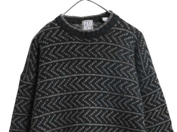 90s OLD GAP ウール ニット セーター メンズ L オールド ギャップ ノルディック 総柄 ヘビーウェイト ツートン ブラック バーズアイ 黒 灰
