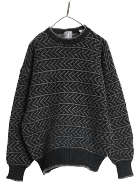 90s OLD GAP ウール ニット セーター メンズ L オールド ギャップ ノルディック 総柄 ヘビーウェイト ツートン ブラック バーズアイ 黒 灰
