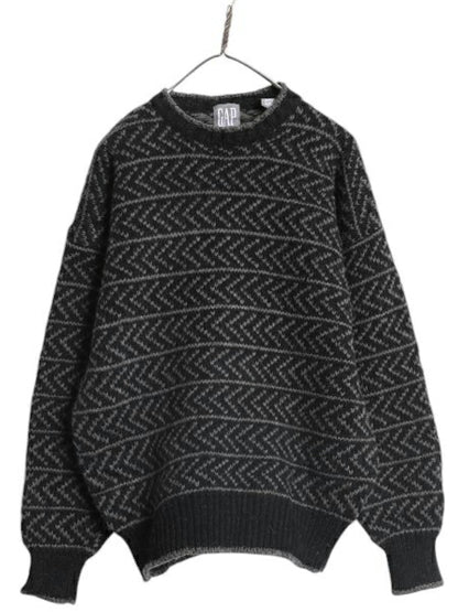 90s OLD GAP ウール ニット セーター メンズ L オールド ギャップ ノルディック 総柄 ヘビーウェイト ツートン ブラック バーズアイ 黒 灰