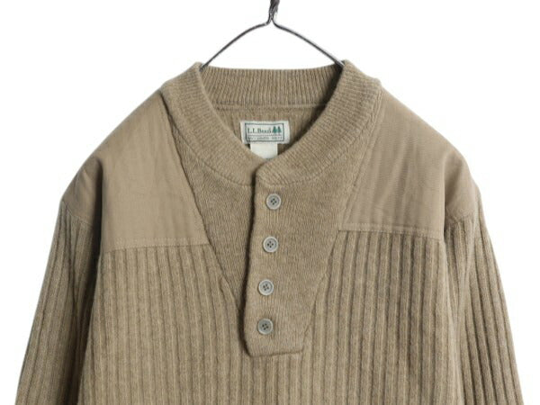 エルエルビーン ヘンリーネック コマンド ニット セーター メンズ M 古着 アウトドア リブ編み メリノ ラム ウール LLBEAN ベージュ 無地