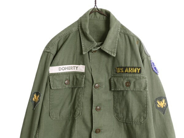 50s 米軍実物 US ARMY コットン サテン ユーティリティ シャツ メンズ M / ヴィンテージ ミリタリー 筒袖 1st 初期 OG107 フルパッチ 軍物
