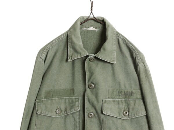 70s 米軍実物 US ARMY コットン サテン ユーティリティ シャツ メンズ M 程 ヴィンテージ ミリタリー 陸軍 軍物 OG107 シャツ袖 3rd カーキ