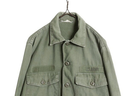 70s 米軍実物 US ARMY コットン サテン ユーティリティ シャツ メンズ M 程 ヴィンテージ ミリタリー 陸軍 軍物 OG107 シャツ袖 3rd カーキ