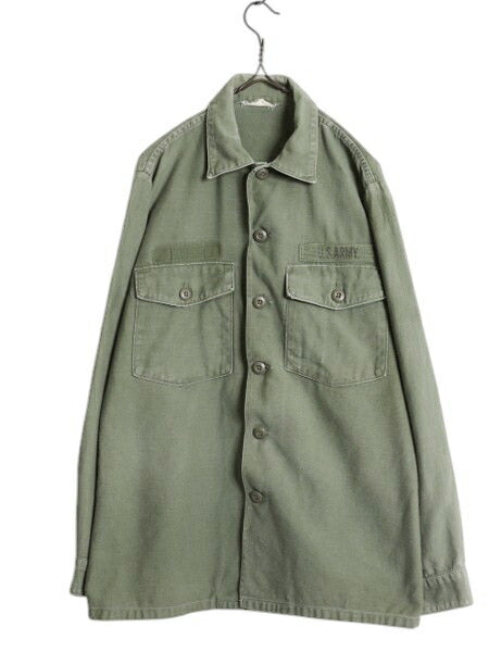 70s 米軍実物 US ARMY コットン サテン ユーティリティ シャツ メンズ M 程 ヴィンテージ ミリタリー 陸軍 軍物 OG107 シャツ袖 3rd カーキ