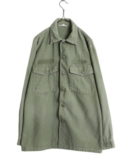 70s 米軍実物 US ARMY コットン サテン ユーティリティ シャツ メンズ M 程 ヴィンテージ ミリタリー 陸軍 軍物 OG107 シャツ袖 3rd カーキ