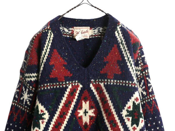 90s ウールリッチ ノルディック ウール ニット セーター メンズ L / 古着 オールド Woolrich バーズアイ 総柄 ネップ Vネック マルチカラー