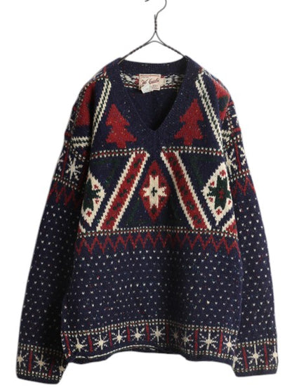 90s ウールリッチ ノルディック ウール ニット セーター メンズ L / 古着 オールド Woolrich バーズアイ 総柄 ネップ Vネック マルチカラー