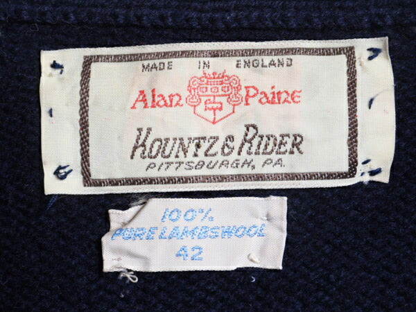 70s 80s イギリス製 アランペイン ラム ウール ニット カーディガン メンズ L 古着 ヴィンテージ セーター ポケット付き 前開き 重ね着 紺
