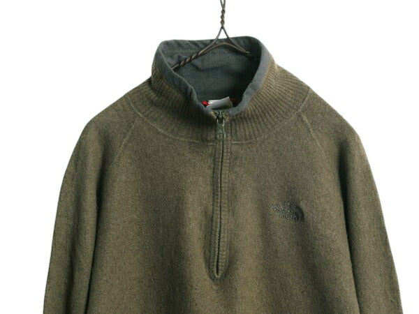 ノースフェイス ハーフジップ ニット セーター メンズ L 古着 The North Face アウトドア コットン ウール プルオーバー ハイネック カーキ