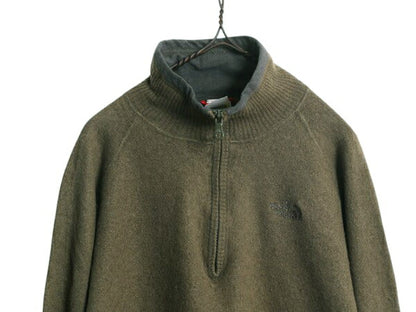 ノースフェイス ハーフジップ ニット セーター メンズ L 古着 The North Face アウトドア コットン ウール プルオーバー ハイネック カーキ