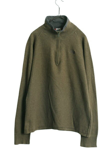 ノースフェイス ハーフジップ ニット セーター メンズ L 古着 The North Face アウトドア コットン ウール プルオーバー ハイネック カーキ