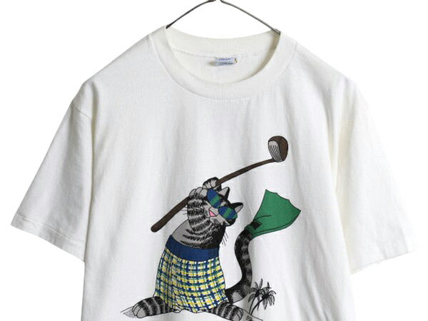 90s USA製 クリバンキャット イラスト 両面 プリント Tシャツ メンズ レディース M 古着 オールド ネコ キャラクター シングルステッチ 白
