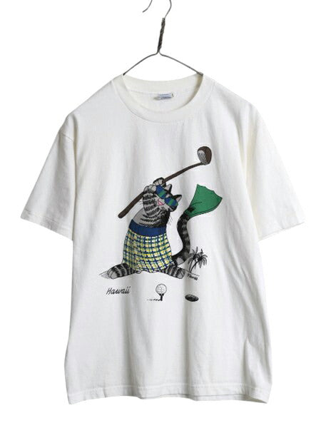 90s USA製 クリバンキャット イラスト 両面 プリント Tシャツ メンズ レディース M 古着 オールド ネコ キャラクター シングルステッチ 白