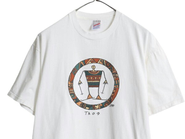 90s USA製 ネイティブ アート イラスト プリント Tシャツ メンズ L 古着 白 オールド キャラクター グラフィック ヘビーウェイト ホワイト