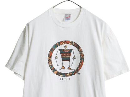 90s USA製 ネイティブ アート イラスト プリント Tシャツ メンズ L 古着 白 オールド キャラクター グラフィック ヘビーウェイト ホワイト